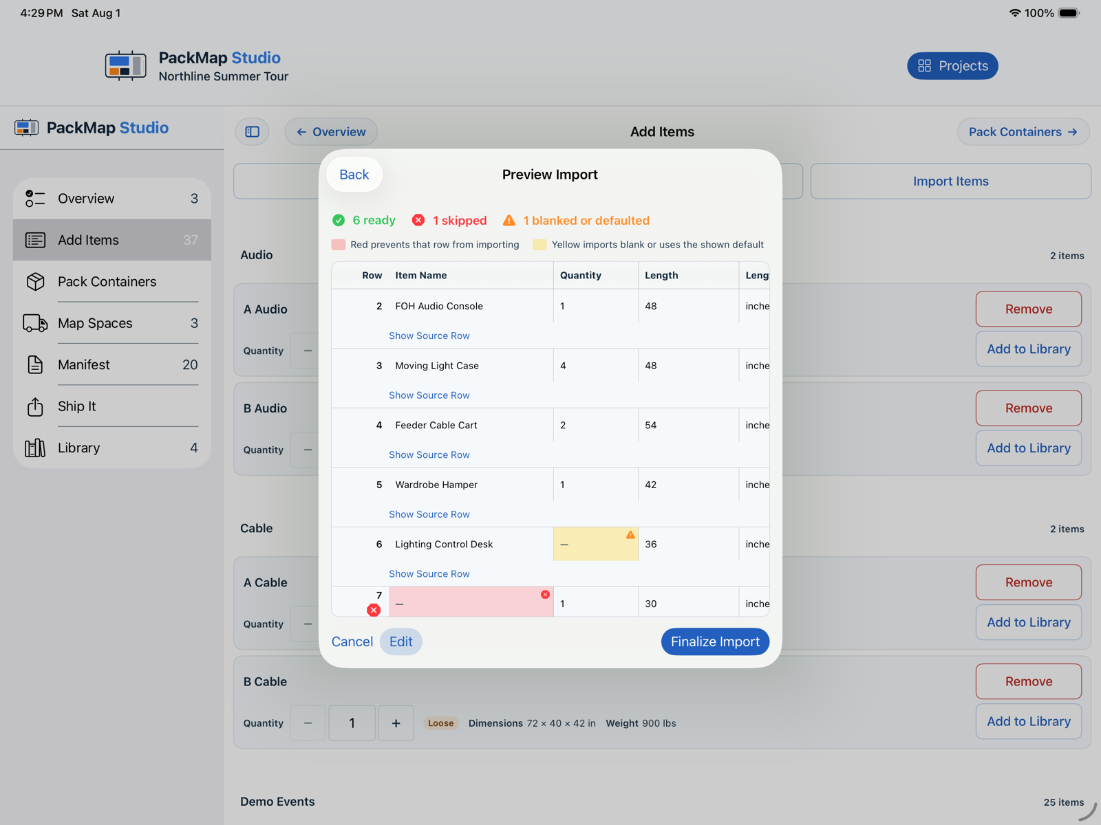 PackMap Studio import preview showing ready, defaulted, and skipped rows before finalizing.