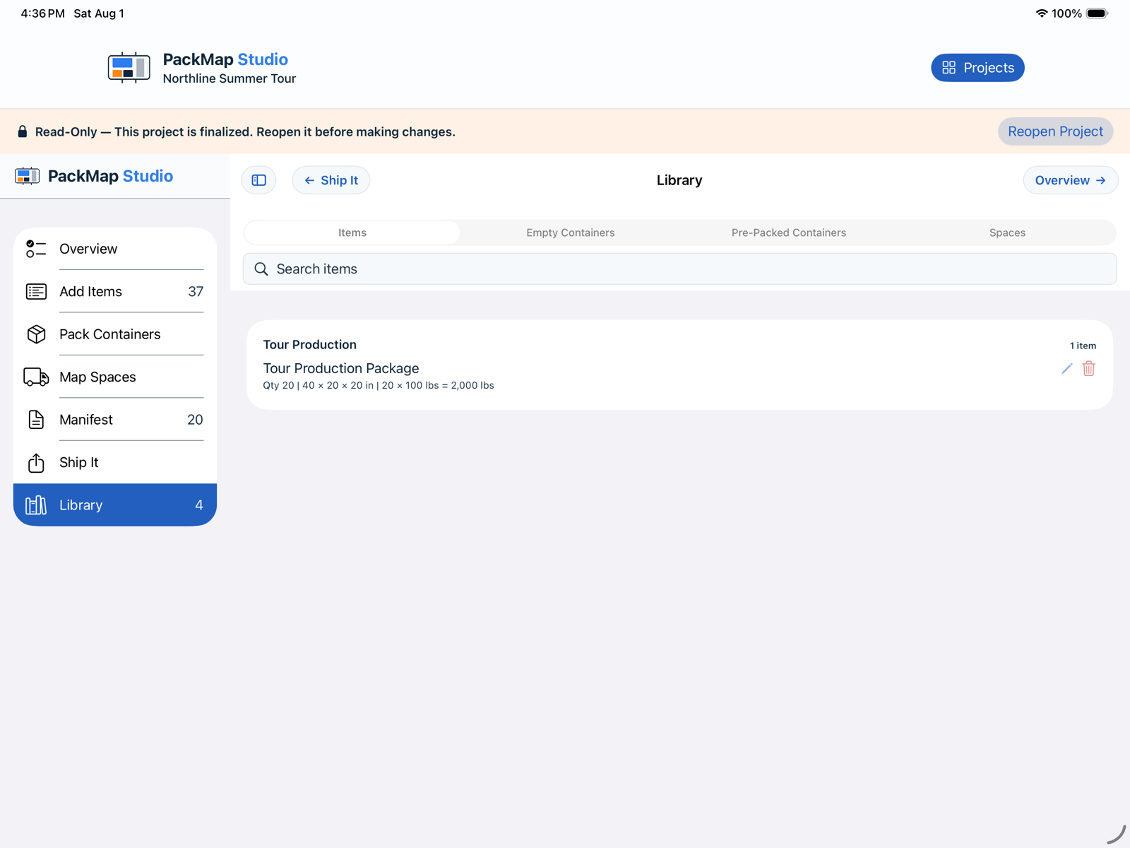 PackMap Studio Library screenshot showing saved reusable parts and containers.