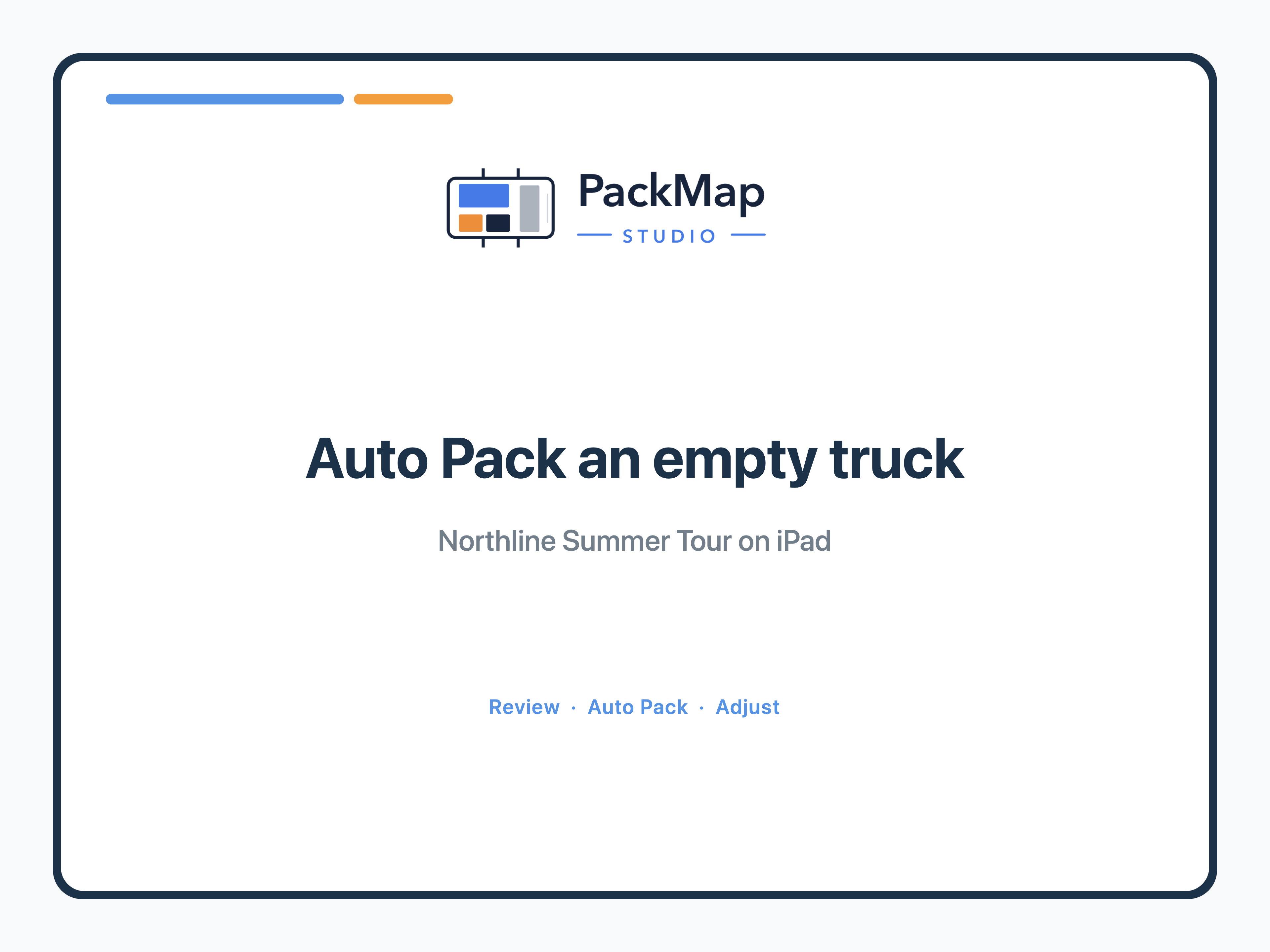 PackMap Studio title card for Auto Pack on an empty truck.