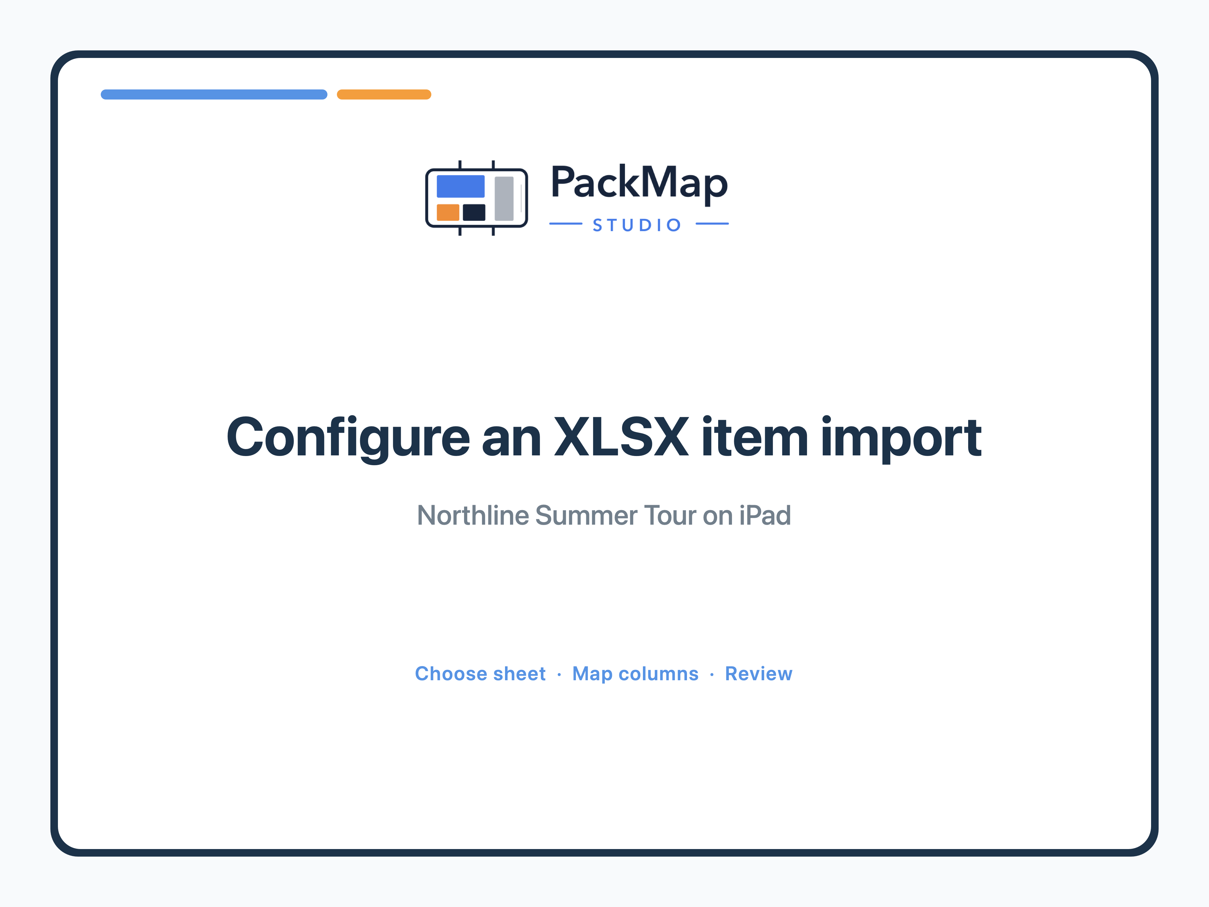 PackMap Studio title card for configuring an XLSX item import.