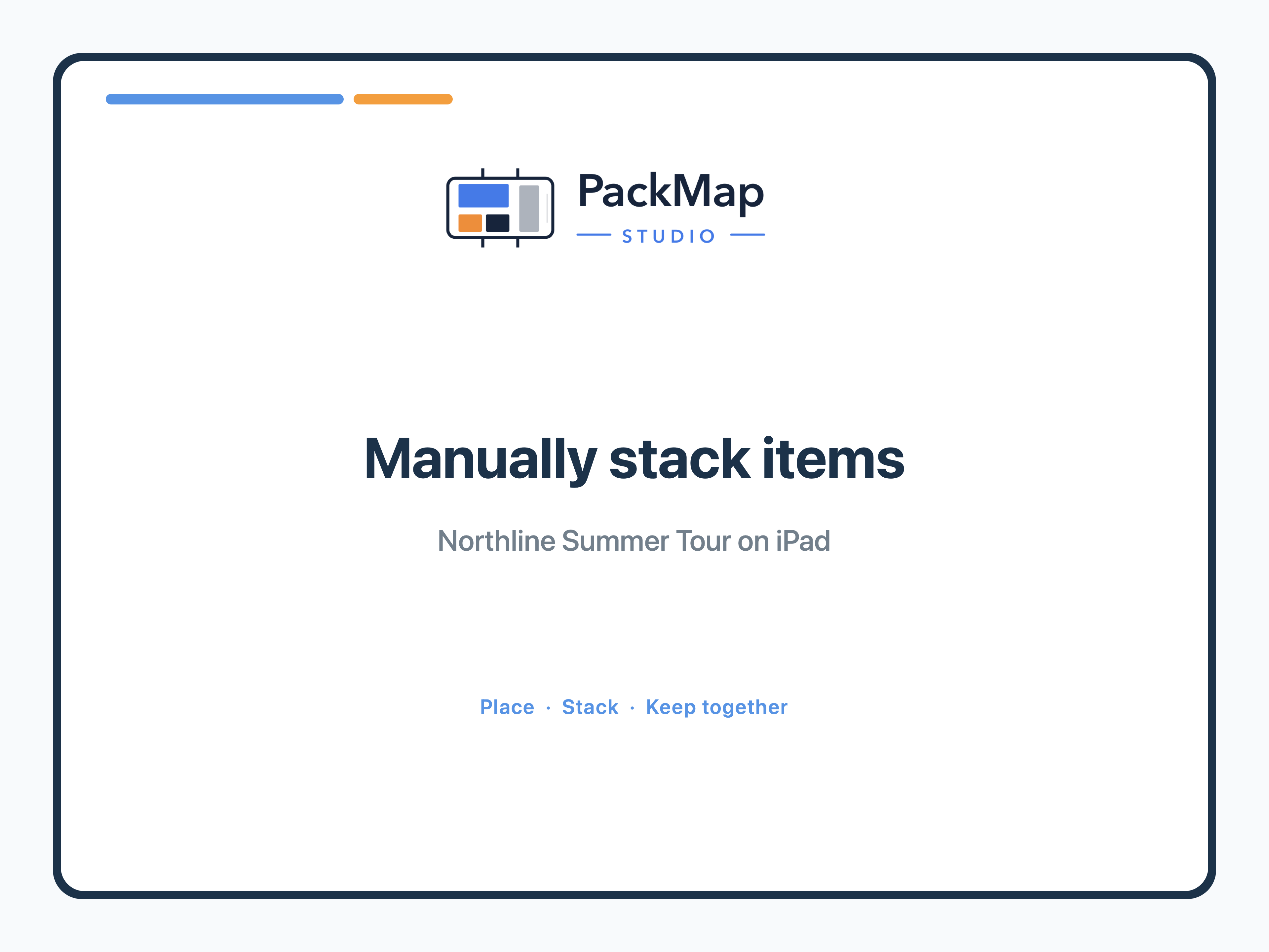 PackMap Studio title card for stacking items by hand.